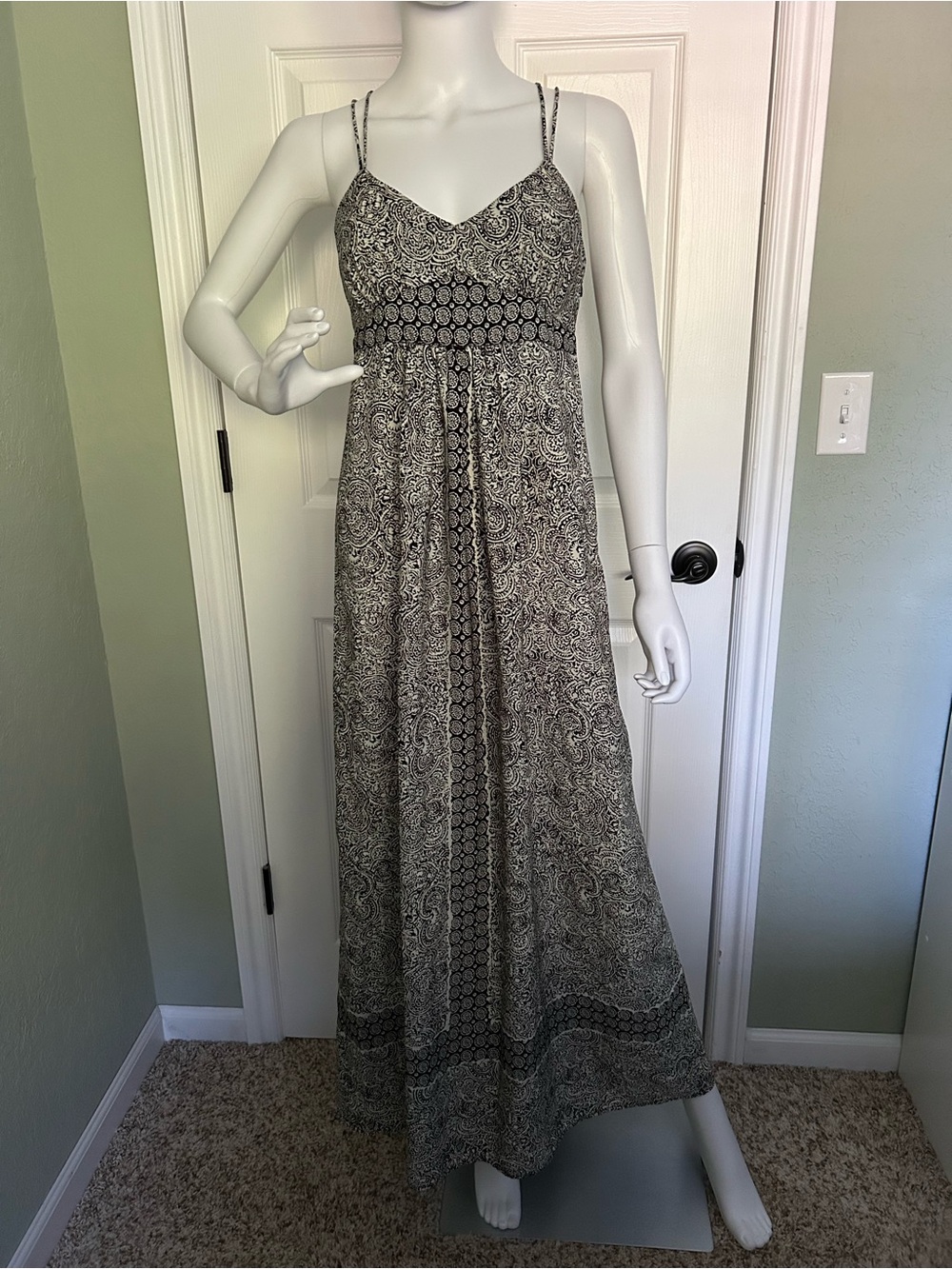 LOFT Black and Cream Paisley Maxi Dress with Double Spaghetti Straps